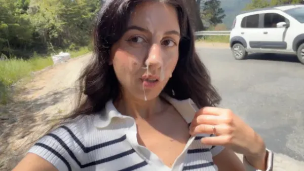 Woman Takes Facial Before Public Beach Walk
